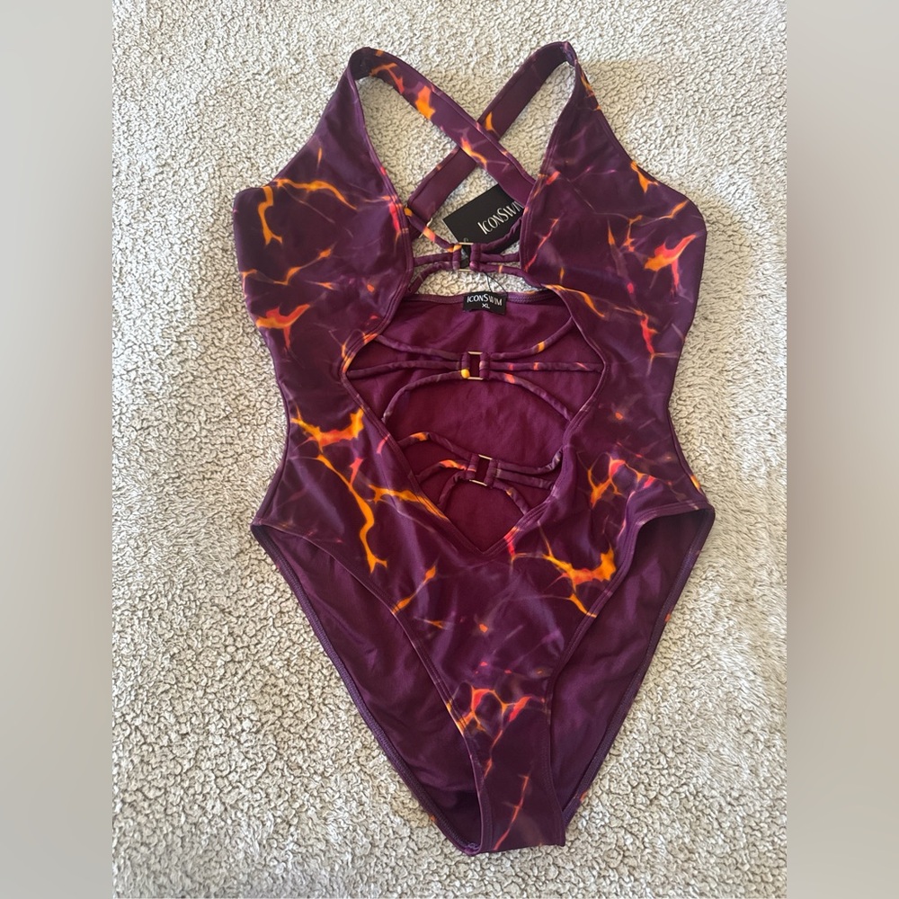 Icon Swim Women’s One-Piece Swimsuit in Plum with Orange Accents